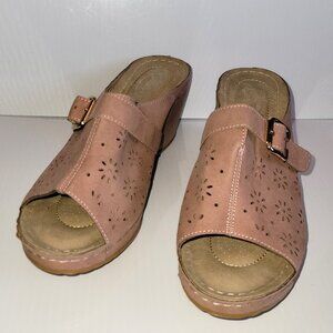 Atalina Women's Pink Laser Cut Faux Suede Wedge Open Toe Clogs Size 9